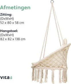 Vita5 Macramé Hangstoel - Voor Binnen En Buiten - Zonder Standaard - Incl. Kussen, Boekenvak En Beschermhoes - Tot 150kg - Beige -Optimaal Tuinmeubel Winkel 1020x1200