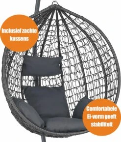 Bircim Hangstoel Ei/Egg-Vorm Met Dikke Kussens - Voor Binnen En Buiten - Incl. Standaard, Onderstel & Kussens - Antraciet -Optimaal Tuinmeubel Winkel 1027x1200