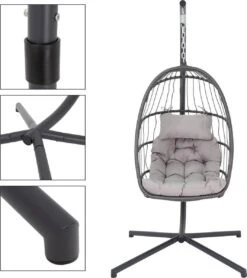 Pro Garden Lowander Hangstoel Egg 191x126x126- Schommelstoel Met Rattan Cocoon En Robuust Stalen Standaard Incl. Kussens - Volledig Inklapbaar - Lichtgrijs -Optimaal Tuinmeubel Winkel 1065x1200