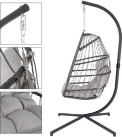 Pro Garden Lowander Hangstoel Egg 191x126x126- Schommelstoel Met Rattan Cocoon En Robuust Stalen Standaard Incl. Kussens - Volledig Inklapbaar - Lichtgrijs -Optimaal Tuinmeubel Winkel 1069x1200