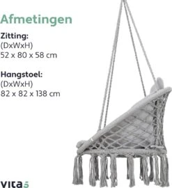 Vita5 Macramé Hangstoel - Voor Binnen En Buiten - Zonder Standaard - Incl. Kussen, Boekenvak En Beschermhoes - Tot 150kg - Grijs -Optimaal Tuinmeubel Winkel 1099x1200