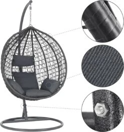 Bircim Hangstoel Ei/Egg-Vorm Met Dikke Kussens - Voor Binnen En Buiten - Incl. Standaard, Onderstel & Kussens - Antraciet -Optimaal Tuinmeubel Winkel 1129x1200