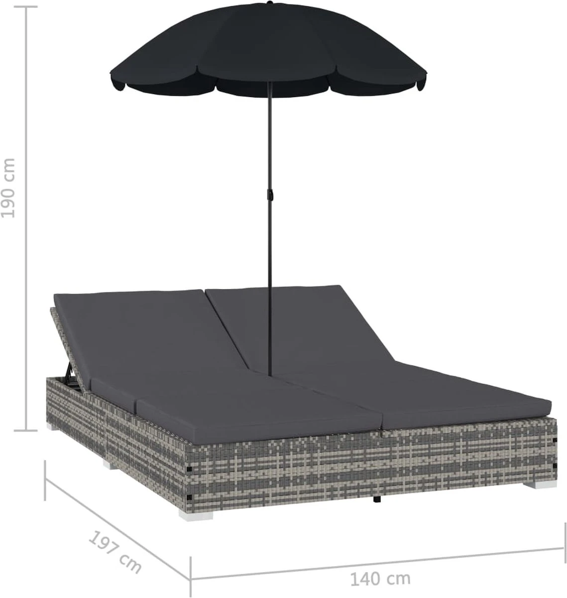 Prolenta Premium - Loungebed Met Parasol Poly Rattan Grijs 9 Prolenta Premium - Loungebed Met Parasol Poly Rattan Grijs - Afbeelding 9