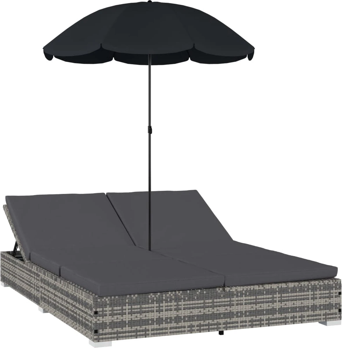 Prolenta Premium - Loungebed Met Parasol Poly Rattan Grijs 2 Prolenta Premium - Loungebed Met Parasol Poly Rattan Grijs - Afbeelding 2