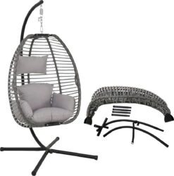 Pro Garden Lowander Hangstoel Egg 191x126x126- Schommelstoel Met Rattan Cocoon En Robuust Stalen Standaard Incl. Kussens - Volledig Inklapbaar - Lichtgrijs -Optimaal Tuinmeubel Winkel 1185x1200 2