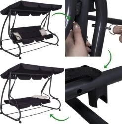 Springos Schommelbank | Linda-Schommel | 3-zits | Waterafstotend | Inclusief 2 Kussens | Verstelbare Luifel | 162 X 200 X 120 Cm | Zwart -Optimaal Tuinmeubel Winkel 1186x1200 1