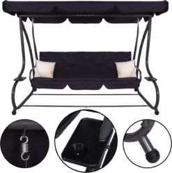 Springos Schommelbank | Linda-Schommel | 3-zits | Waterafstotend | Inclusief 2 Kussens | Verstelbare Luifel | 162 X 200 X 120 Cm | Zwart -Optimaal Tuinmeubel Winkel 1194x1200 2