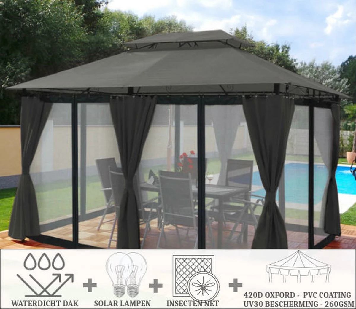El Jardin - Partytent - 4x3 - Waterdicht Dak - Wanden - Solar - Antraciet Paviljoen 2 El Jardin - Partytent - 4x3 - Waterdicht Dak - Wanden - Solar - Antraciet Paviljoen - Afbeelding 2