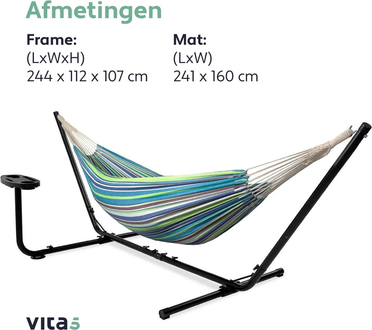 Vita5 Hangmat Met Standaard – 2 Persoons – Incl. Bekerhouder – 205kg Draaggewicht – Groen/Blauw 8 Vita5 Hangmat Met Standaard – 2 Persoons – Incl. Bekerhouder – 205kg Draaggewicht – Groen/Blauw - Afbeelding 8