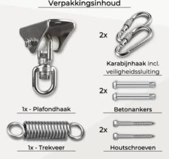 LFSY - Ophangsysteem - Universele Plafondhaak - Hangstoelen Binnen & Buiten - Ophanghaak – Bokszakken - Verandastoel - Zware Veer - RVS – 450kg – M8 -Optimaal Tuinmeubel Winkel 1200x1131