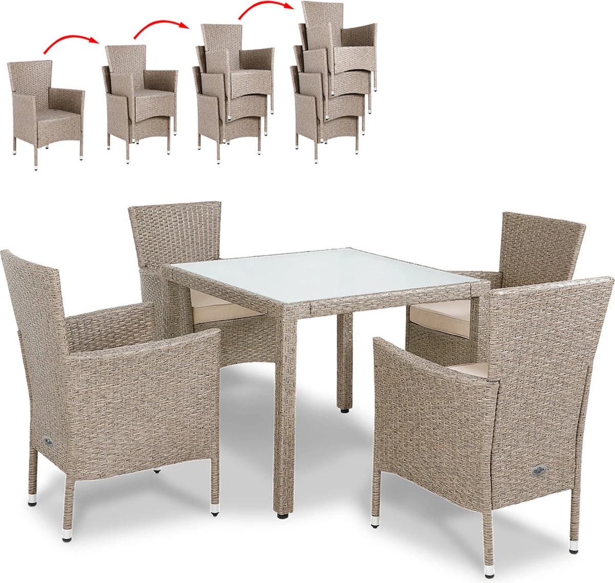 Casaria Polyrattan Tuinset - 4 Stoelen & Tafel 90x90 Cm - Beige Grijs 1 Casaria Polyrattan Tuinset - 4 Stoelen & Tafel 90x90 Cm - Beige Grijs