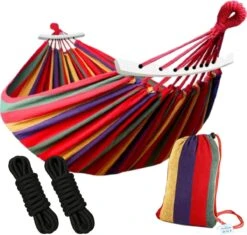 Dubbele Hangmat Rood Met Spreidstok - 1 Of 2 Persoons - Lig Oppervlak 190x150cm - Lengte 260cm