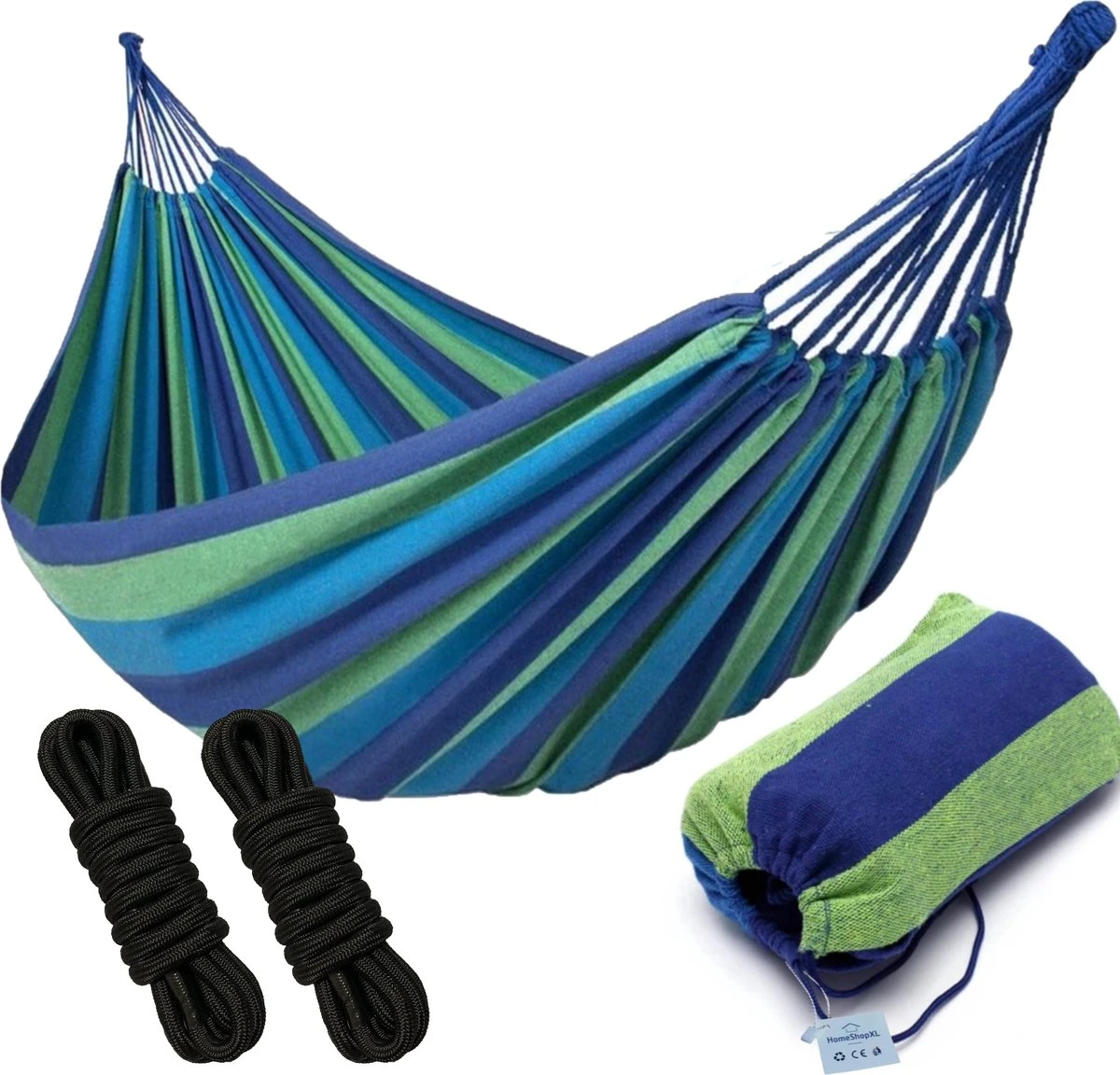 Dubbele Hangmat Blauw - 1 Of 2 Persoons - Lig Oppervlak 190x150cm - Lengte 260cm 1 Dubbele Hangmat Blauw - 1 Of 2 Persoons - Lig Oppervlak 190x150cm - Lengte 260cm