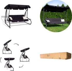 Springos Schommelbank | Linda-Schommel | 3-zits | Waterafstotend | Inclusief 2 Kussens | Verstelbare Luifel | 162 X 200 X 120 Cm | Zwart -Optimaal Tuinmeubel Winkel 1200x1171 3