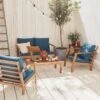 Houten Loungeset 4 Plaatsen - Ushuaïa - Donker Turquoise Kussens, Bank, Fauteuils En Lage Tafel Van Acacia, Design