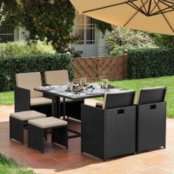 Tuinmeubelset - Tuinset 4 6 8 Persoons - Eettafel En Stoelen - Set Van 9 - Terras - Tuintafel - Salontafel Met Glazen Oppervlak - Zwart Beige 11 Tuinmeubelset - Tuinset 4 6 8 Persoons - Eettafel En Stoelen - Set Van 9 - Terras - Tuintafel - Salontafel Met Glazen Oppervlak - Zwart Beige -Optimaal Tuinmeubel Winkel 1200x1200 1056