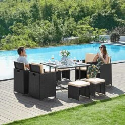 Tuinmeubelset - Tuinset 4 6 8 Persoons - Eettafel En Stoelen - Set Van 9 - Terras - Tuintafel - Salontafel Met Glazen Oppervlak - Zwart Beige 15 Tuinmeubelset - Tuinset 4 6 8 Persoons - Eettafel En Stoelen - Set Van 9 - Terras - Tuintafel - Salontafel Met Glazen Oppervlak - Zwart Beige -Optimaal Tuinmeubel Winkel 1200x1200 1059