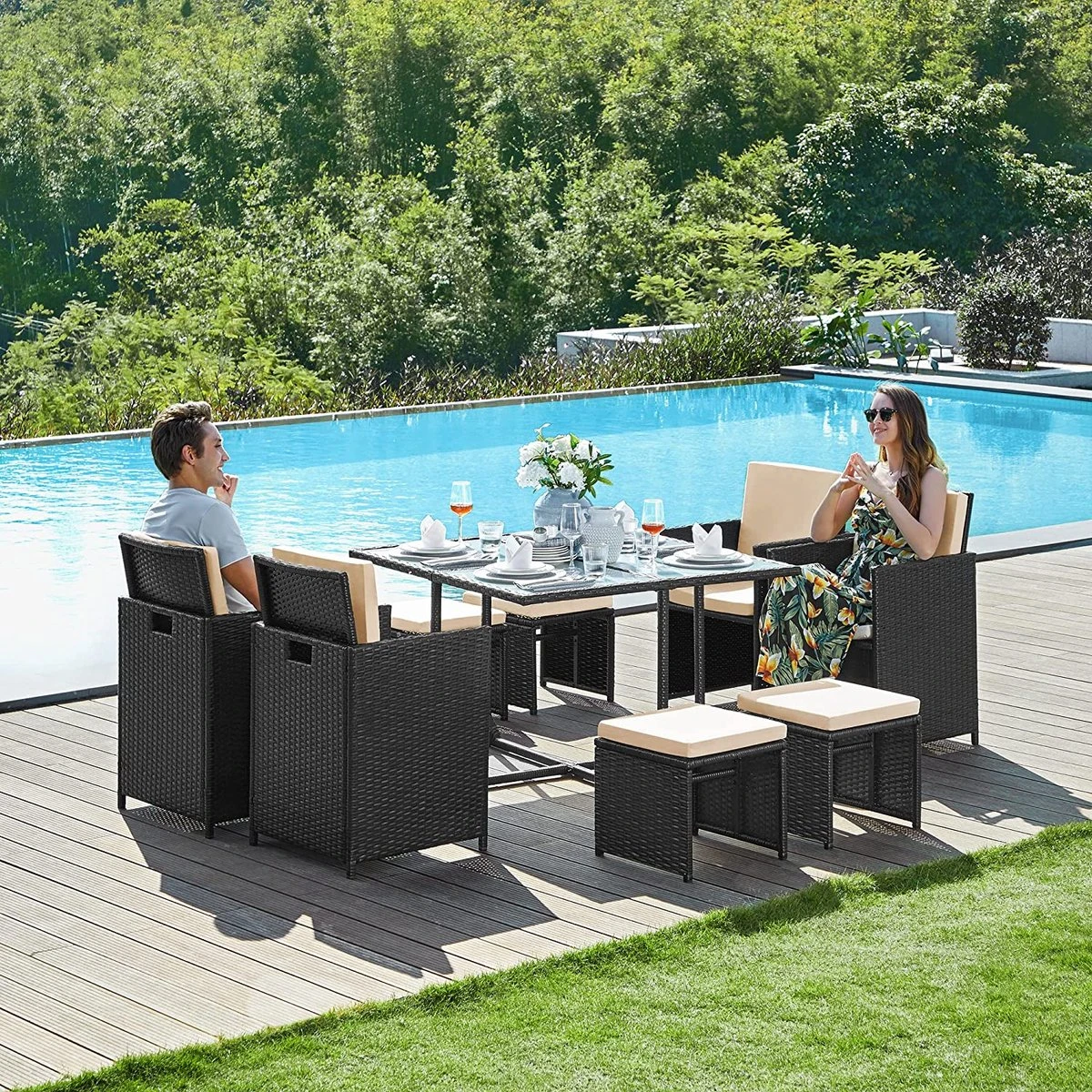 Tuinmeubelset - Tuinset 4 6 8 Persoons - Eettafel En Stoelen - Set Van 9 - Terras - Tuintafel - Salontafel Met Glazen Oppervlak - Zwart Beige 7 Tuinmeubelset - Tuinset 4 6 8 Persoons - Eettafel En Stoelen - Set Van 9 - Terras - Tuintafel - Salontafel Met Glazen Oppervlak - Zwart Beige - Afbeelding 7