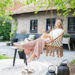 Vita5 Macramé Hangstoel - Voor Binnen En Buiten - Zonder Standaard - Incl. Kussen, Boekenvak En Beschermhoes - Tot 150kg - Bruin/Beige -Optimaal Tuinmeubel Winkel 1200x1200 127