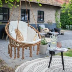 Vita5 Macramé Hangstoel - Voor Binnen En Buiten - Zonder Standaard - Incl. Kussen, Boekenvak En Beschermhoes - Tot 150kg - Bruin/Beige -Optimaal Tuinmeubel Winkel 1200x1200 128