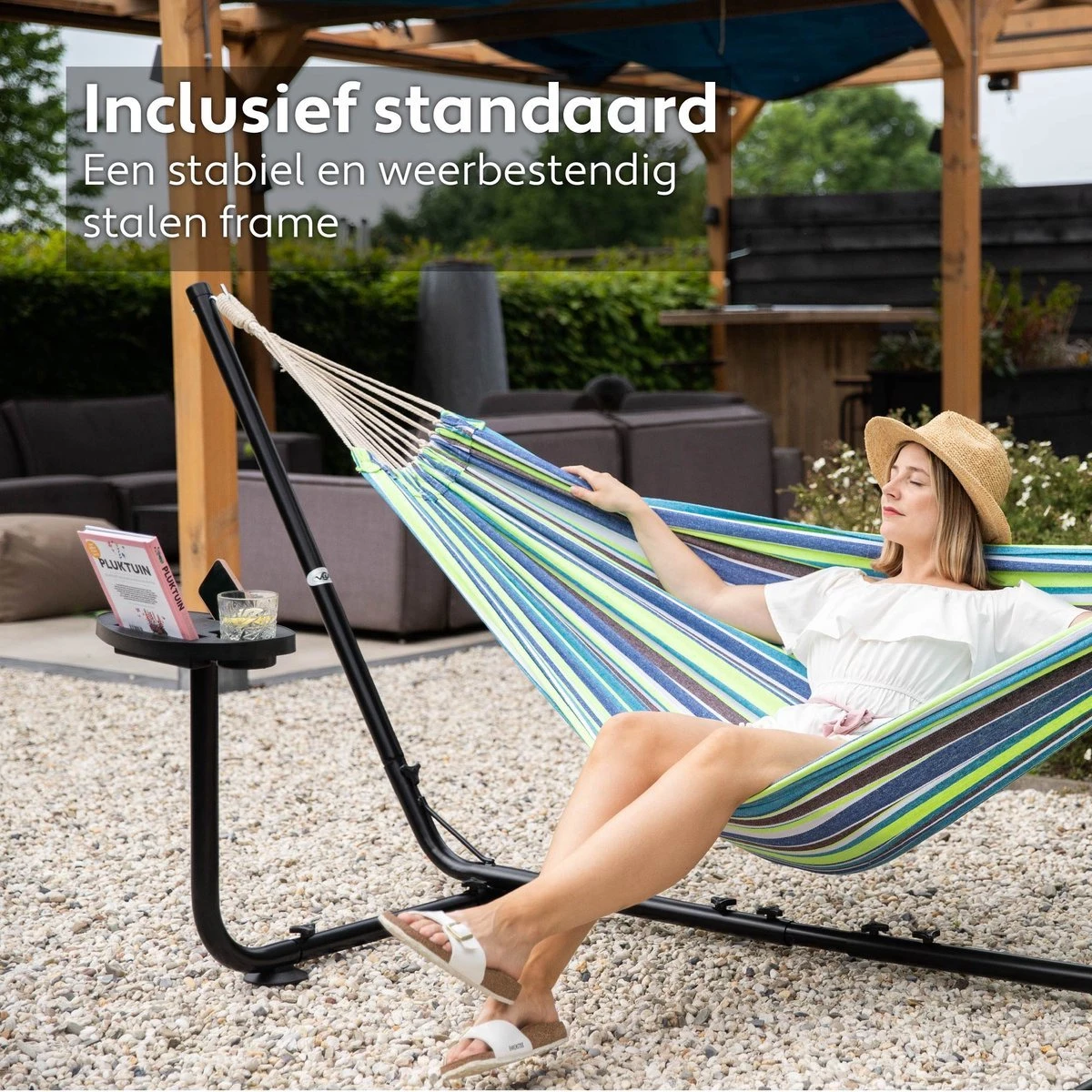 Vita5 Hangmat Met Standaard – 2 Persoons – Incl. Bekerhouder – 205kg Draaggewicht – Groen/Blauw 3 Vita5 Hangmat Met Standaard – 2 Persoons – Incl. Bekerhouder – 205kg Draaggewicht – Groen/Blauw - Afbeelding 3