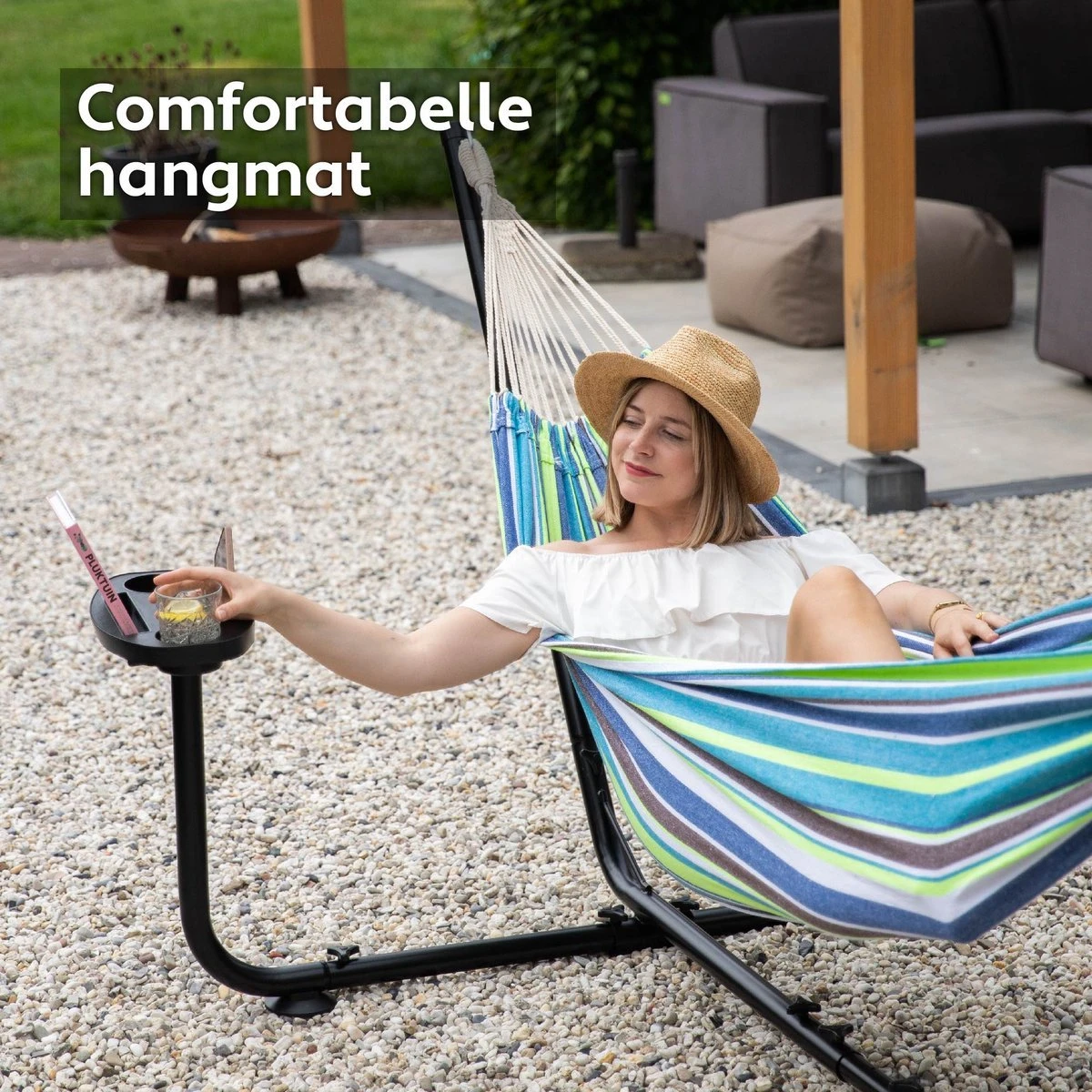Vita5 Hangmat Met Standaard – 2 Persoons – Incl. Bekerhouder – 205kg Draaggewicht – Groen/Blauw 11 Vita5 Hangmat Met Standaard – 2 Persoons – Incl. Bekerhouder – 205kg Draaggewicht – Groen/Blauw - Afbeelding 11
