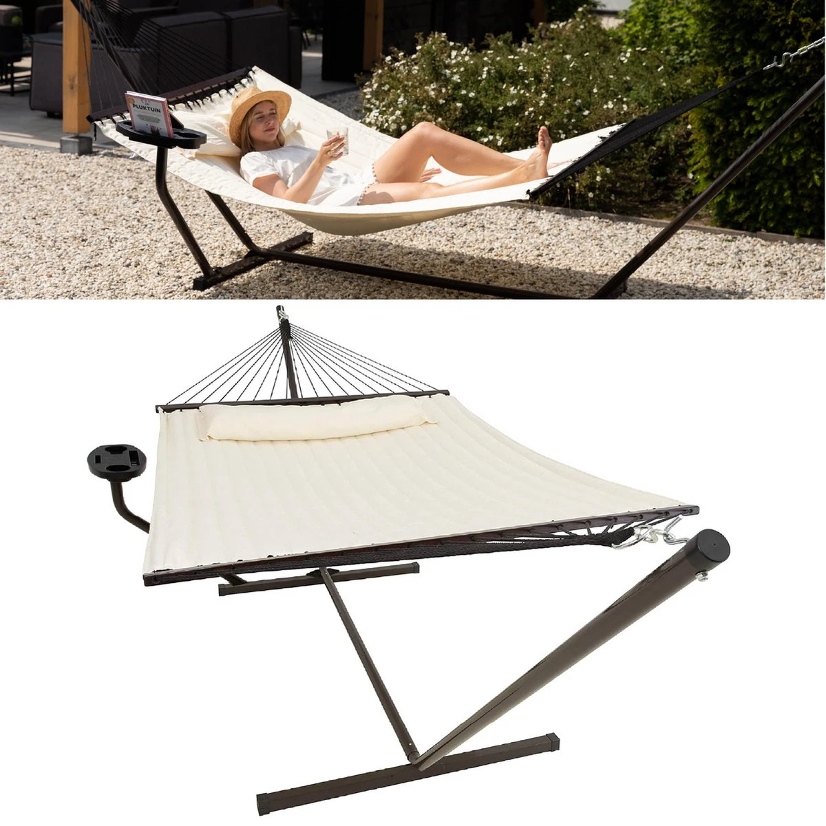 Vita5 Hangmat Met Standaard En Spreidstok – 2 Persoons – Incl. Bekerhouder - Afneembaar Kussen – Uv-bestendig – Beige 1 Vita5 Hangmat Met Standaard En Spreidstok – 2 Persoons – Incl. Bekerhouder - Afneembaar Kussen – Uv-bestendig – Beige