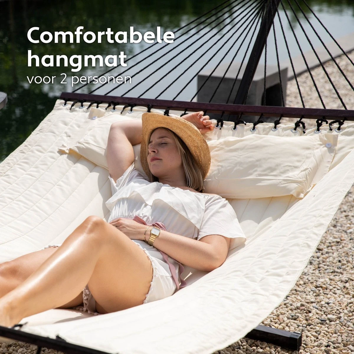 Vita5 Hangmat Met Standaard En Spreidstok – 2 Persoons – Incl. Bekerhouder - Afneembaar Kussen – Uv-bestendig – Beige 4 Vita5 Hangmat Met Standaard En Spreidstok – 2 Persoons – Incl. Bekerhouder - Afneembaar Kussen – Uv-bestendig – Beige - Afbeelding 4