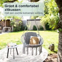 Vita5 Macramé Hangstoel - Voor Binnen En Buiten - Zonder Standaard - Incl. Kussen, Boekenvak En Beschermhoes - Tot 150kg - Grijs -Optimaal Tuinmeubel Winkel 1200x1200 135