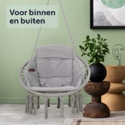 Vita5 Macramé Hangstoel - Voor Binnen En Buiten - Zonder Standaard - Incl. Kussen, Boekenvak En Beschermhoes - Tot 150kg - Grijs -Optimaal Tuinmeubel Winkel 1200x1200 137