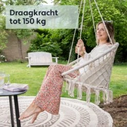 Vita5 Macramé Hangstoel - Voor Binnen En Buiten - Zonder Standaard - Incl. Kussen, Boekenvak En Beschermhoes - Tot 150kg - Beige -Optimaal Tuinmeubel Winkel 1200x1200 223