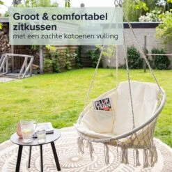 Vita5 Macramé Hangstoel - Voor Binnen En Buiten - Zonder Standaard - Incl. Kussen, Boekenvak En Beschermhoes - Tot 150kg - Beige -Optimaal Tuinmeubel Winkel 1200x1200 225