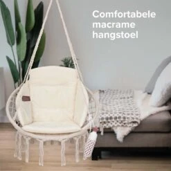 Vita5 Macramé Hangstoel - Voor Binnen En Buiten - Zonder Standaard - Incl. Kussen, Boekenvak En Beschermhoes - Tot 150kg - Beige -Optimaal Tuinmeubel Winkel 1200x1200 226
