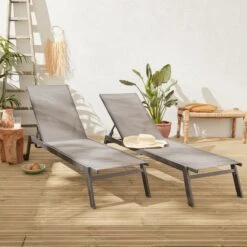 ELSA - Set Van 2 Ligstoelen Van Aluminium En Textileen, Ligbed Multipositioneel Met Wieltjes, Kleur Antraciet/donkergrijs