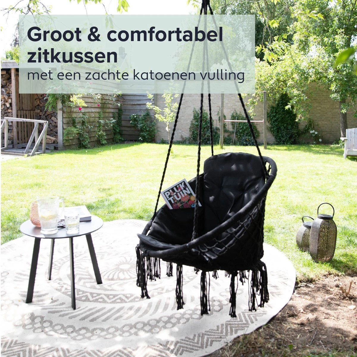 Vita5 Macramé Hangstoel - Voor Binnen En Buiten - Zonder Standaard - Incl. Kussen, Boekenvak En Beschermhoes - Tot 150kg - Zwart 7 Vita5 Macramé Hangstoel - Voor Binnen En Buiten - Zonder Standaard - Incl. Kussen, Boekenvak En Beschermhoes - Tot 150kg - Zwart - Afbeelding 7