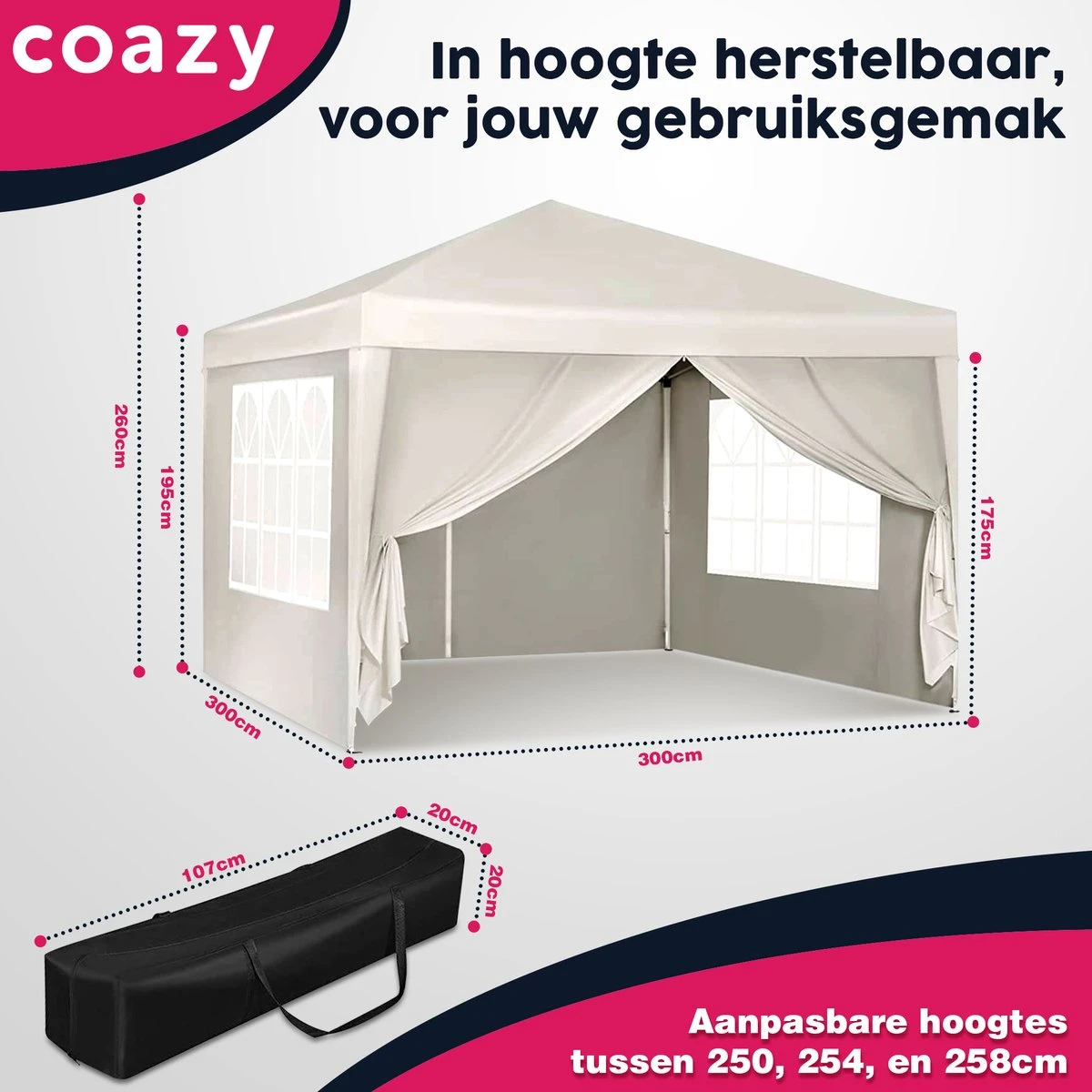 Waterdichte Partytent 3x3 Meter Opvouwbaar Met Zijwanden- Paviljoen Met Zijpanelen - Easy Up - Pop-up Tent Met Haringen, Touw En Anti Slip Poten 3 Waterdichte Partytent 3x3 Meter Opvouwbaar Met Zijwanden- Paviljoen Met Zijpanelen - Easy Up - Pop-up Tent Met Haringen, Touw En Anti Slip Poten - Afbeelding 3