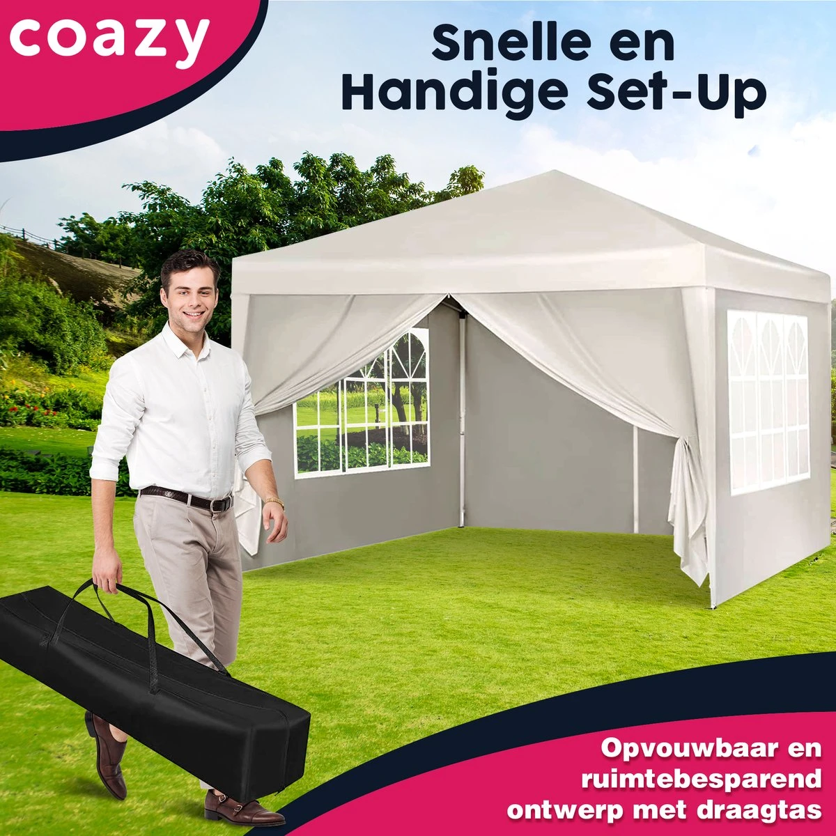 Waterdichte Partytent 3x3 Meter Opvouwbaar Met Zijwanden- Paviljoen Met Zijpanelen - Easy Up - Pop-up Tent Met Haringen, Touw En Anti Slip Poten 6 Waterdichte Partytent 3x3 Meter Opvouwbaar Met Zijwanden- Paviljoen Met Zijpanelen - Easy Up - Pop-up Tent Met Haringen, Touw En Anti Slip Poten - Afbeelding 6
