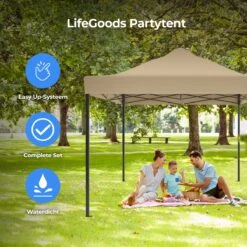 LifeGoods Partytent - 3x4.5 M - Zijwanden - Easy Up - Opvouwbaar - Waterdicht - Draagtas Met Wieltjes - Beige -Optimaal Tuinmeubel Winkel 1200x1200 568