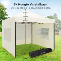 LifeGoods Partytent - 3x3 M - Zijwanden - Easy Up - Opvouwbaar - Waterdicht - Draagtas Met Wieltjes - Beige -Optimaal Tuinmeubel Winkel 1200x1200 581
