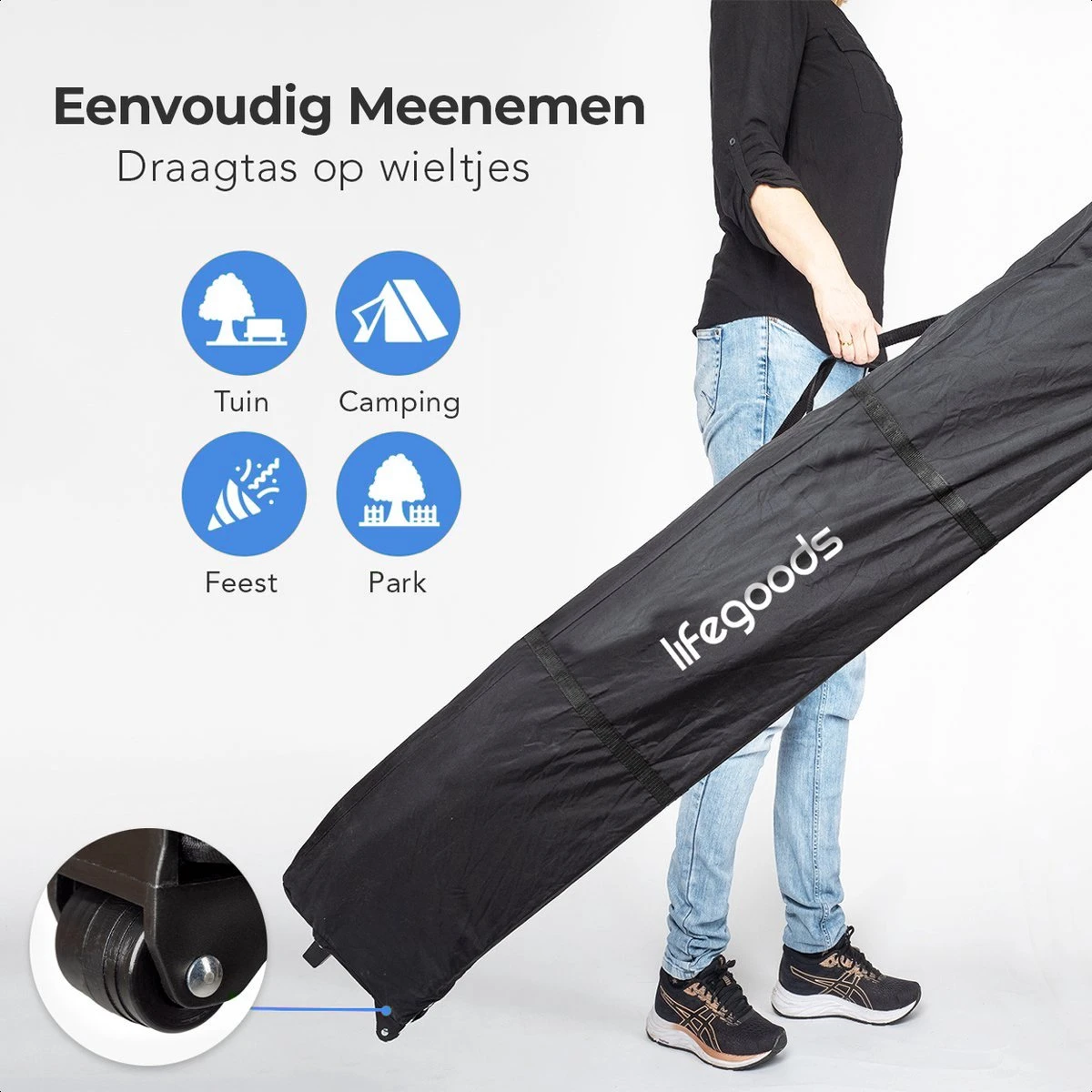 LifeGoods Partytent - 3x4.5 M - Easy Up - Opvouwbaar - Waterdicht - Draagtas Met Wieltjes - Donkerblauw 2 LifeGoods Partytent - 3x4.5 M - Easy Up - Opvouwbaar - Waterdicht - Draagtas Met Wieltjes - Donkerblauw - Afbeelding 2