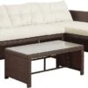 Teamson Home 3-Delig Hoek Loungeset - Tuinmeubelen - Tuinbank - Omvat Tafel En Kussens - Rotan - Bruin/Wit