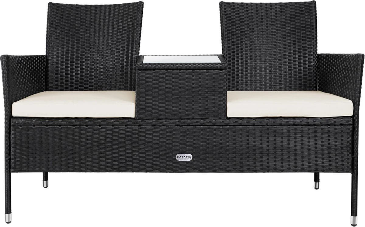 Casaria Polyrattan Tuinbank - Incl. Kussen - 143x55x88 Cm Zwart 1 Casaria Polyrattan Tuinbank - Incl. Kussen - 143x55x88 Cm Zwart