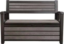 Keter - Hudson Bench Box - 2-zits Bank - Opbergbox - Hout Look & Feel - 227L - 138x63x89cm - Antraciet -Optimaal Tuinmeubel Winkel 1200x822