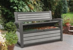 Keter - Hudson Bench Box - 2-zits Bank - Opbergbox - Hout Look & Feel - 227L - 138x63x89cm - Antraciet -Optimaal Tuinmeubel Winkel 1200x832