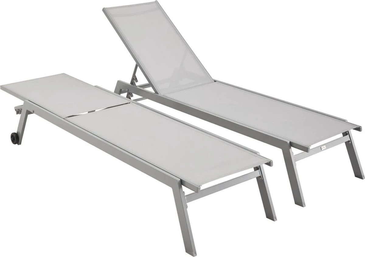 ELSA - Set Van 2 Ligstoelen Van Aluminium En Textileen, Ligbed Multipositioneel Met Wieltjes, Kleur Grijs/lichtgrijs 5 ELSA - Set Van 2 Ligstoelen Van Aluminium En Textileen, Ligbed Multipositioneel Met Wieltjes, Kleur Grijs/lichtgrijs - Afbeelding 5