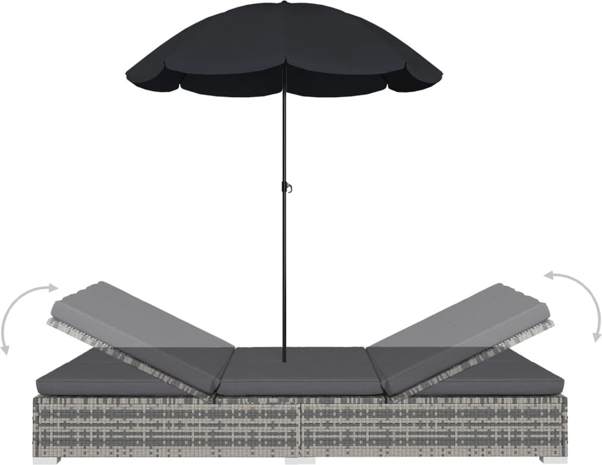 Prolenta Premium - Loungebed Met Parasol Poly Rattan Grijs 5 Prolenta Premium - Loungebed Met Parasol Poly Rattan Grijs - Afbeelding 5