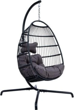 Merkloos Hangstoel Norway - Zwart Wicker & Touw Luxe Egg Hangstoel Met Dikke Antraciete Kussens Met Frame - Inklapbare Basket